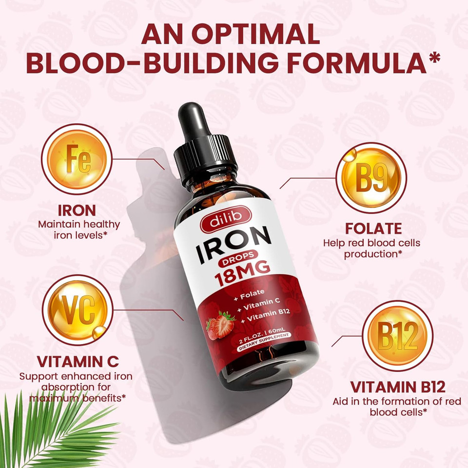 Liquid Iron Supplement For Women & Men Iron Drops Iron Supplements For Anemia With Folate, Vitamin C, B12 For Red Blood Cell Support-Pineapple Flavor, 2 Fl Oz