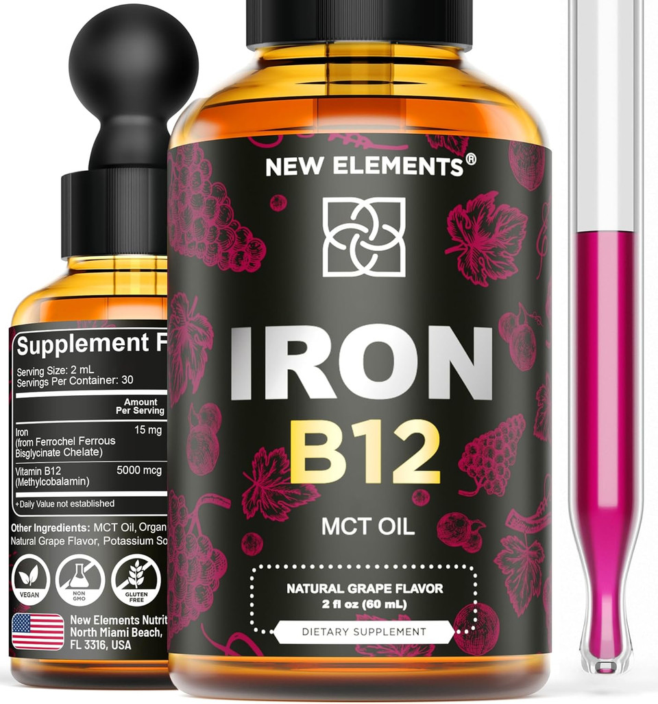 Liquid Iron Supplement For Women & Men With Vitamin B12 5000Mcg - Free Blood Builder For Anemia - Liquid Vitamin B12 Drops For Adults With Mct Oil, Natural Grape Flavor, 2 Fl Oz