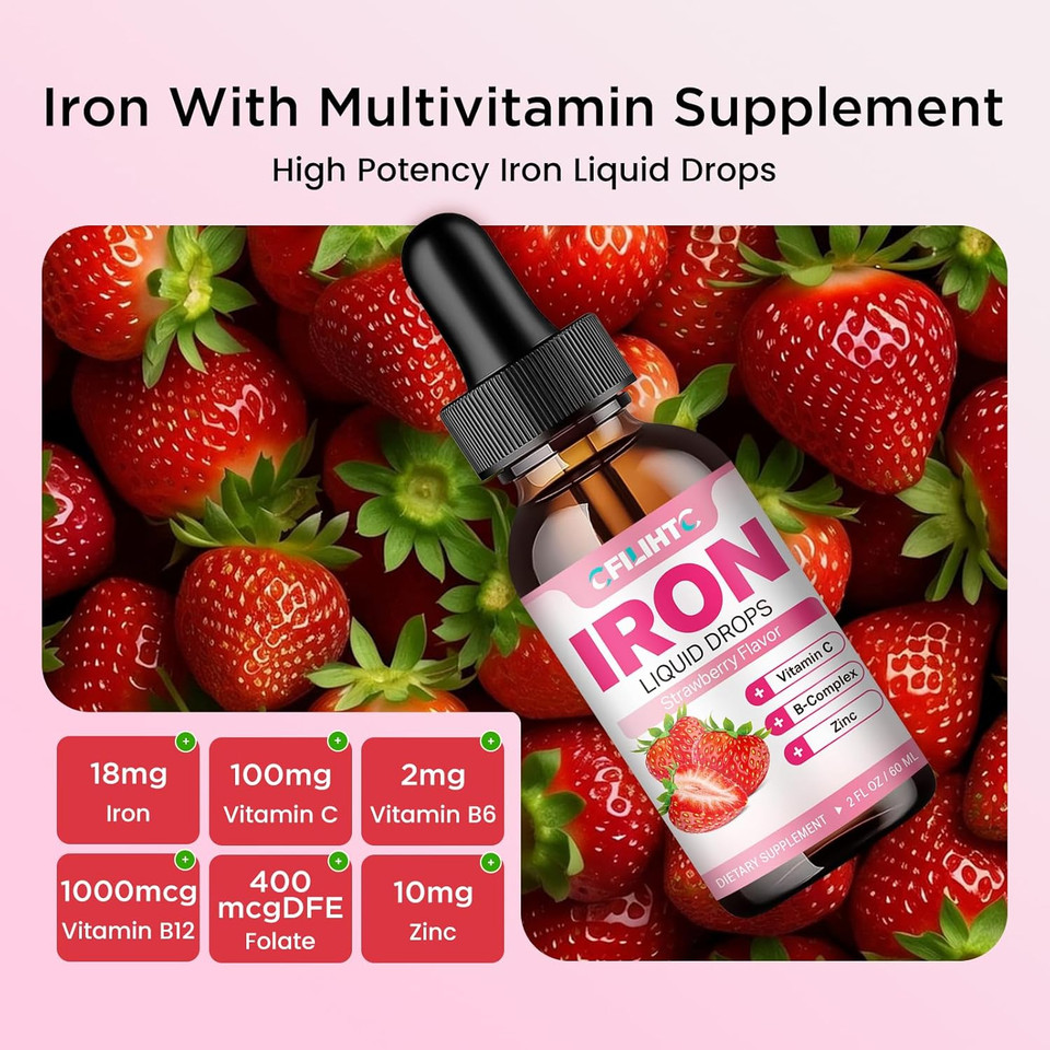 Liquid Iron Supplement For Women Men & Kids Multivitamin Iron Drops With Folate, Vitamin C, B6, B12, Zinc For Anemia, Iron Deficiency, Blood Builder, Energy - Natural Pomegranate Flavor, Vegan 2 Fl Oz