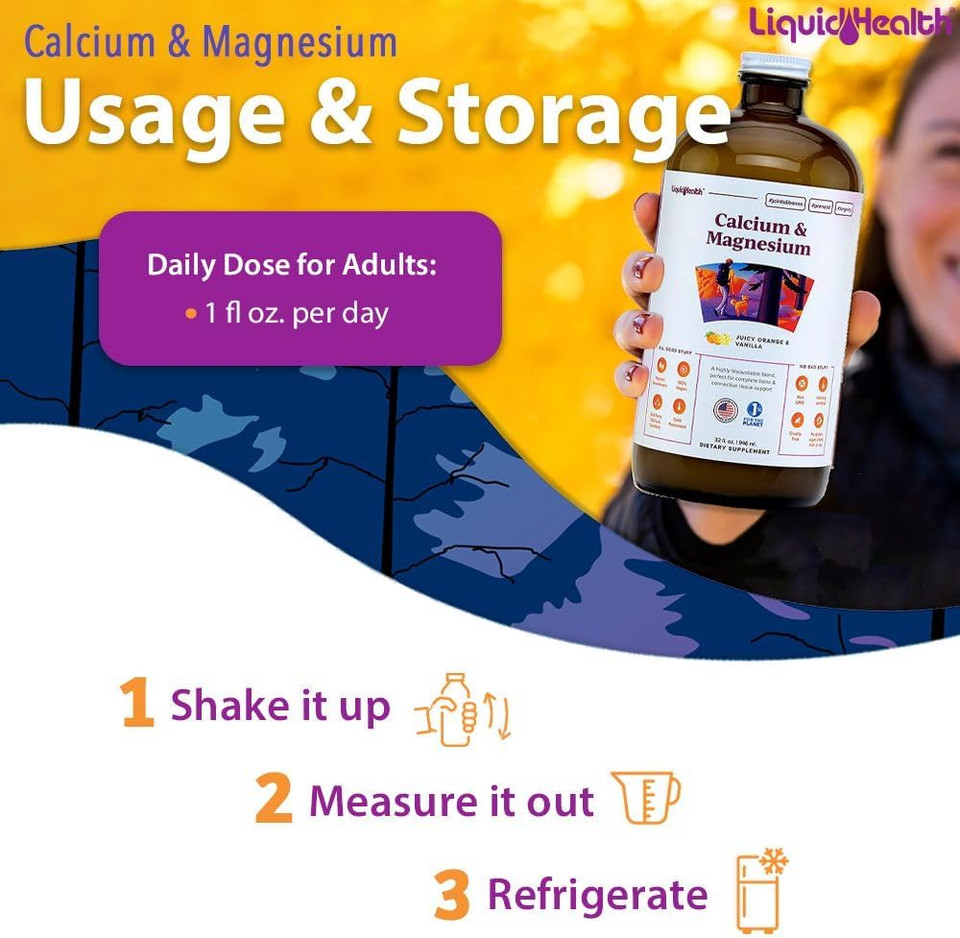 Liquidhealth Calcium & Magnesium Adult Liquid Vitamin Supplement - Bone, Joint, Muscle, Connective Tissue Support, Heart Health, Essential Nutrients - Made In The Usa, Vegan, Non Gmo, No Sugar (32 Oz)