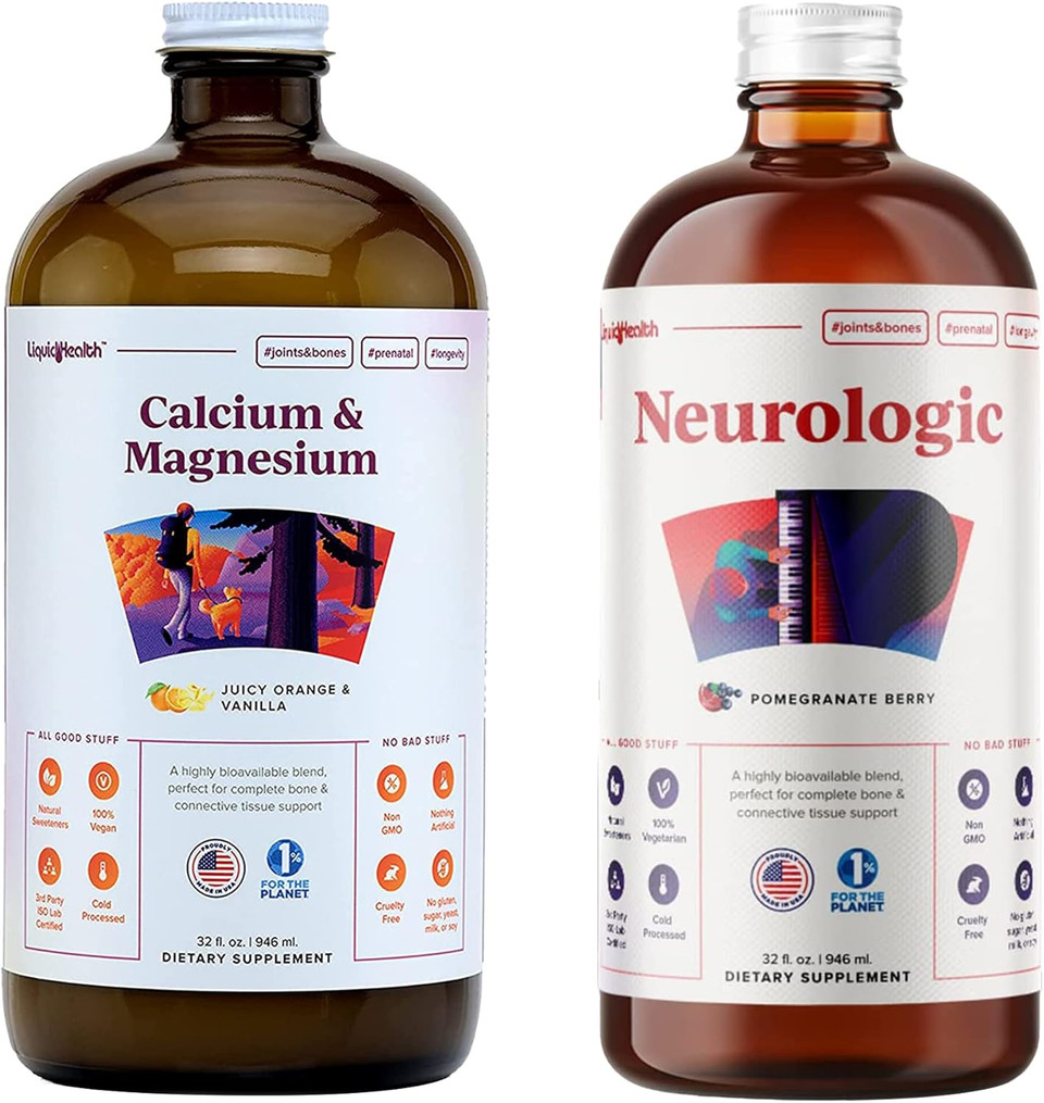 Liquidhealth Calcium And Magnesium & Neurologic Nootropic Liquid Vitamin Supplements Bundle For Adults - Support Bone & Tissue Health, Improve Memory, Focus & Concentration - Vegan, Non-Gmo, Usa Made