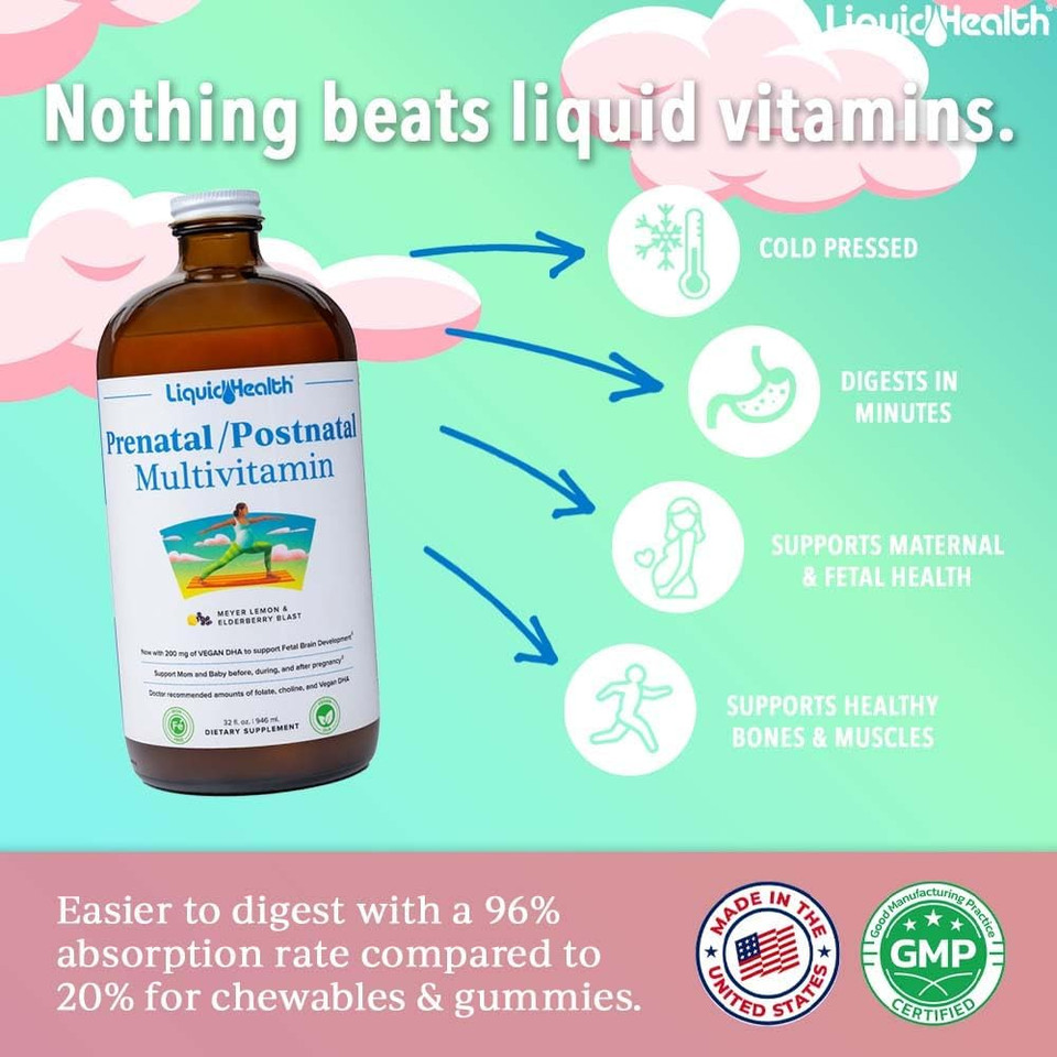 Liquidhealth Prenatal/Postnatal Multiple Liquid Women'S Multivitamin With Real Folate - Pre & Postnatal Vitamins For Before, During, After Pregnancy - Made In Usa, Vegan, Sugar-Free, Non-Gmo (32 Oz)