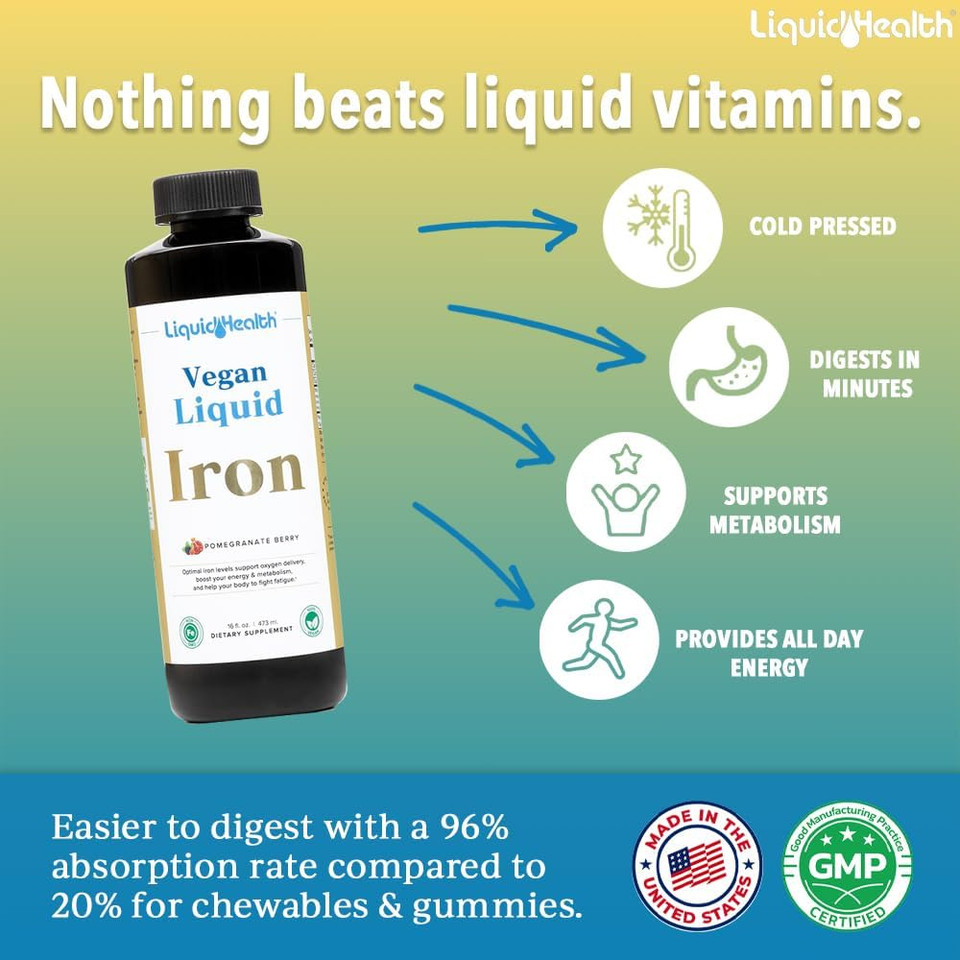 Liquidhealth Vegan Liquid Iron Supplement With Sunactive & Ferrochel Iron - Natural Energy, Immune System & Metabolic Support, Increase Mental Clarity, Prenatal/Postnatal - Usa Made, Non-Gmo (16 Oz)