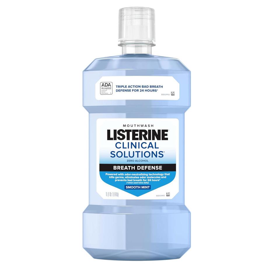 Listerine Clinical Solutions Breath Defense Alcohol Free Mouthwash, Oral Rinse With A Triple-Action Formula Fights Bad Breath For 24 Hours, Smooth Mint Flavor, 500 Ml