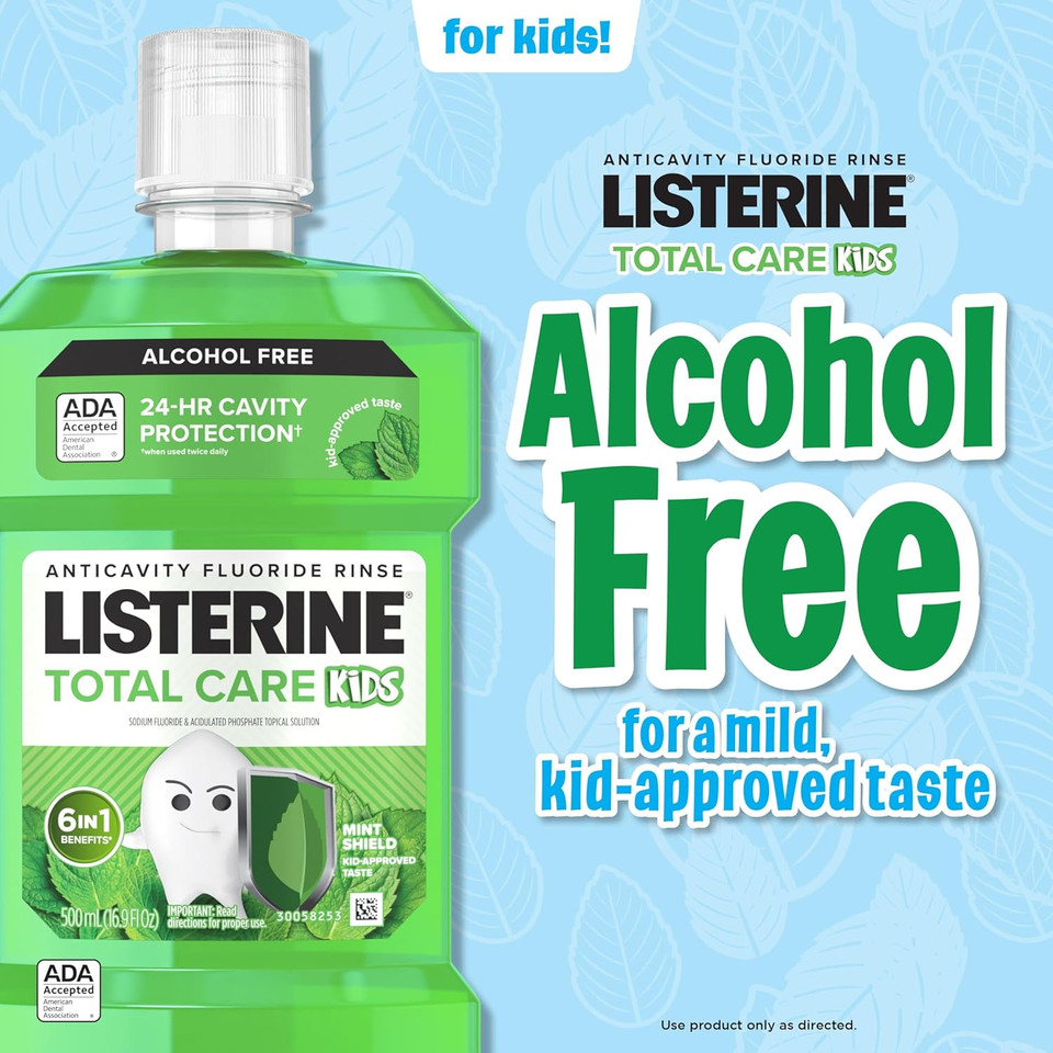 Listerine Total Care Kids Mouthwash, Ada Accepted, Alcohol Free Anticavity Sodium Fluoride Mouthwash, Kids' Oral Rinse For Cavity Protection, Mint Flavor For Children'S Oral Care, 500 Ml