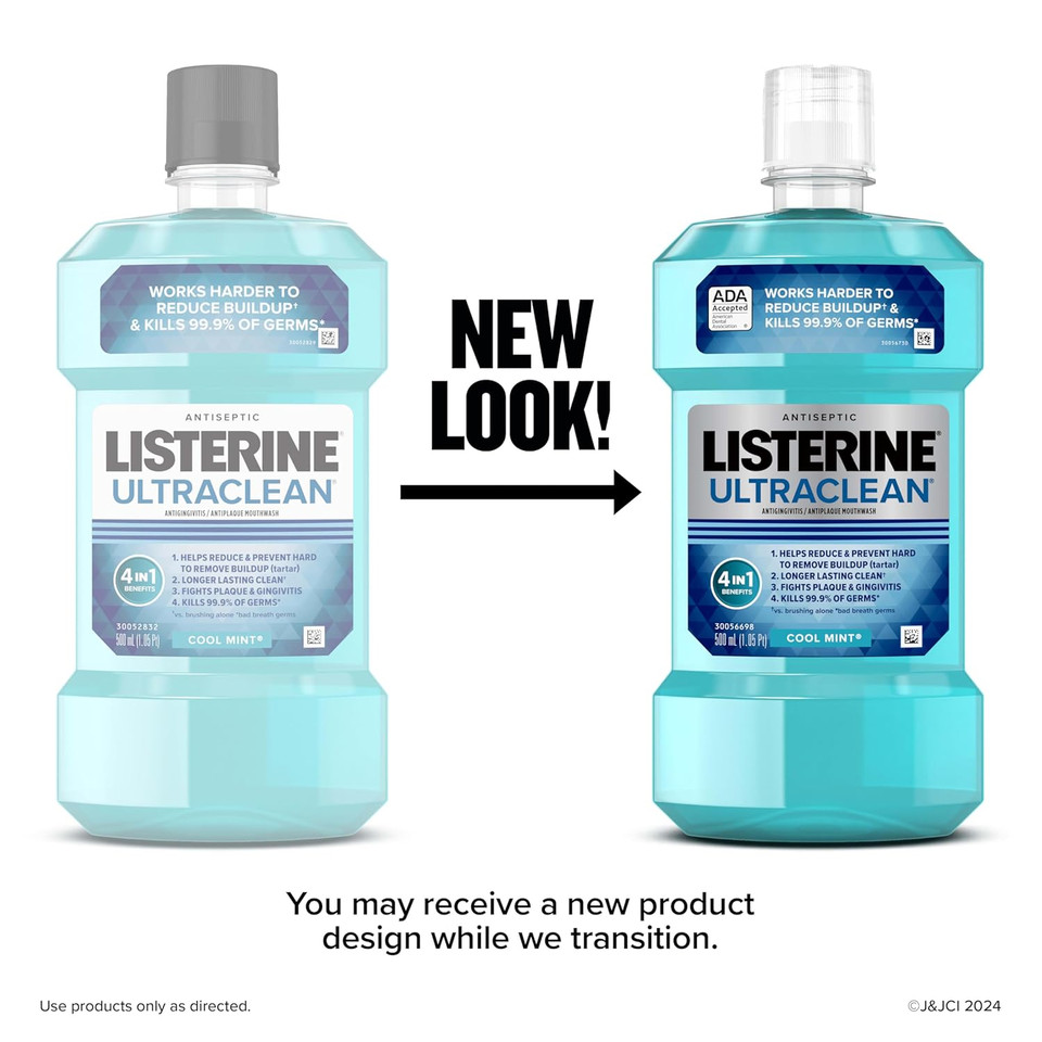 Listerine Ultraclean Oral Care Antiseptic Mouthwash, Everfresh Technology To Help Fight Bad Breath, Gingivitis, Plaque & Tartar, Ada-Accepted Tartar Control Oral Rinse, Cool Mint, 500 Ml