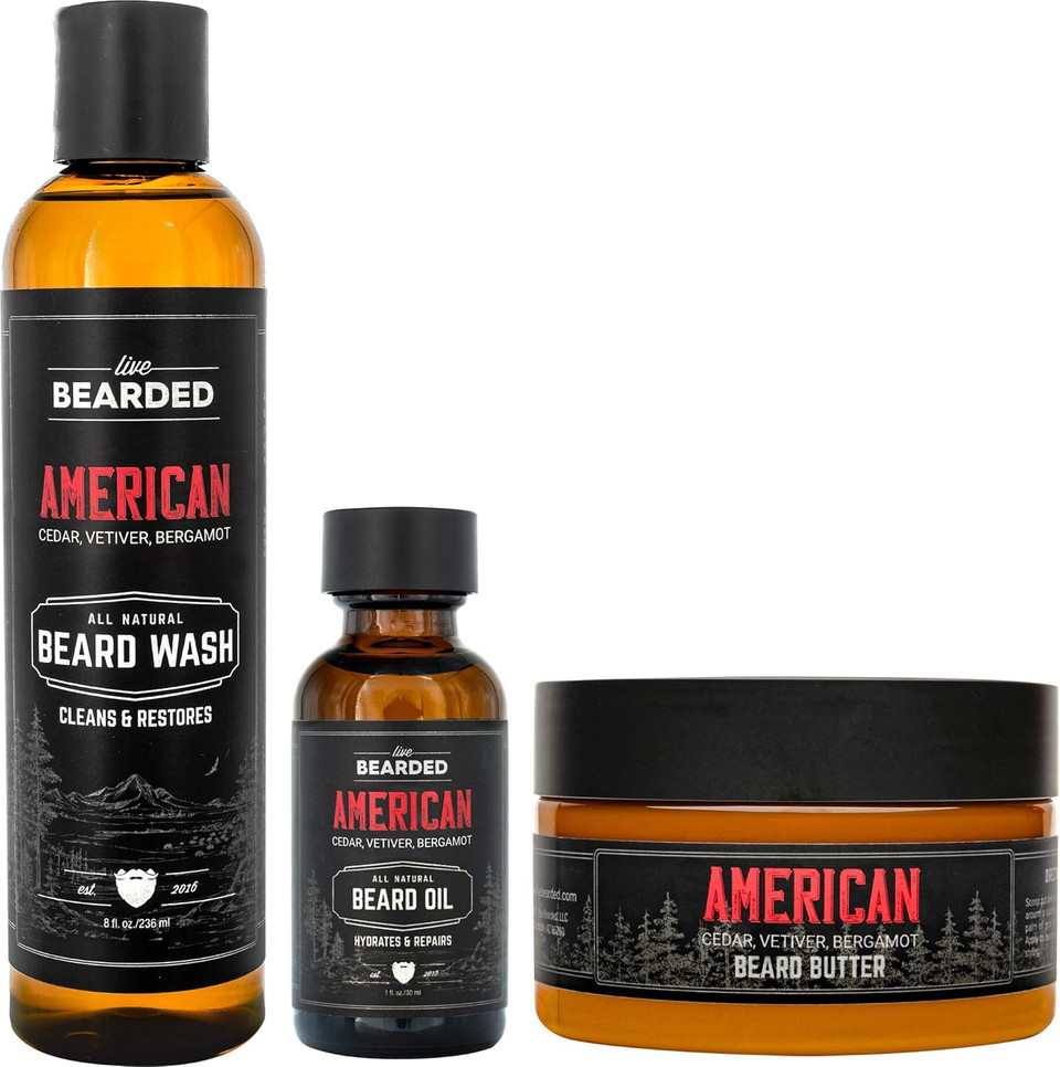 Live Bearded 3-Step Beard Grooming Kit - Wash, Oil And Butter - Made In The Usa - All-Natural Ingredients With Shea, Jojoba - Growth Support | Executive Scent - Cedar, Vanilla