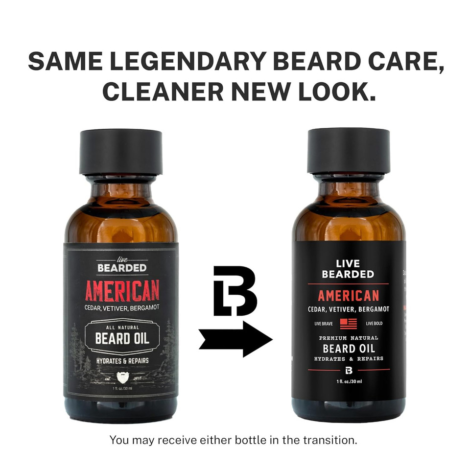 Live Bearded: Premium All-Natural Beard Oil For Men With Jojoba Oil Beard Care - 1 Fl Oz - Made In The Usa - Beard Oil For Dry Flaky Skin - American Scent: Cedar, Vetiver, Bergamont