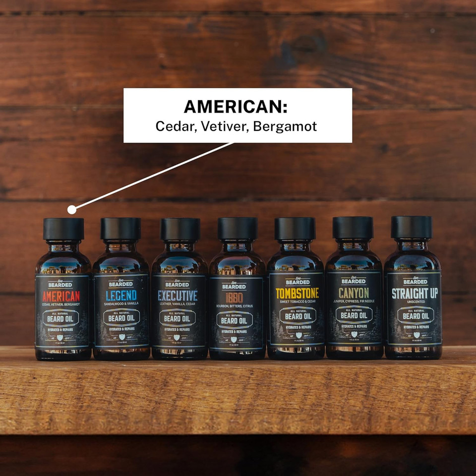 Live Bearded: Premium All-Natural Beard Oil For Men With Jojoba Oil Beard Care - 1 Fl Oz - Made In The Usa - Beard Oil For Dry Flaky Skin - American Scent: Cedar, Vetiver, Bergamont