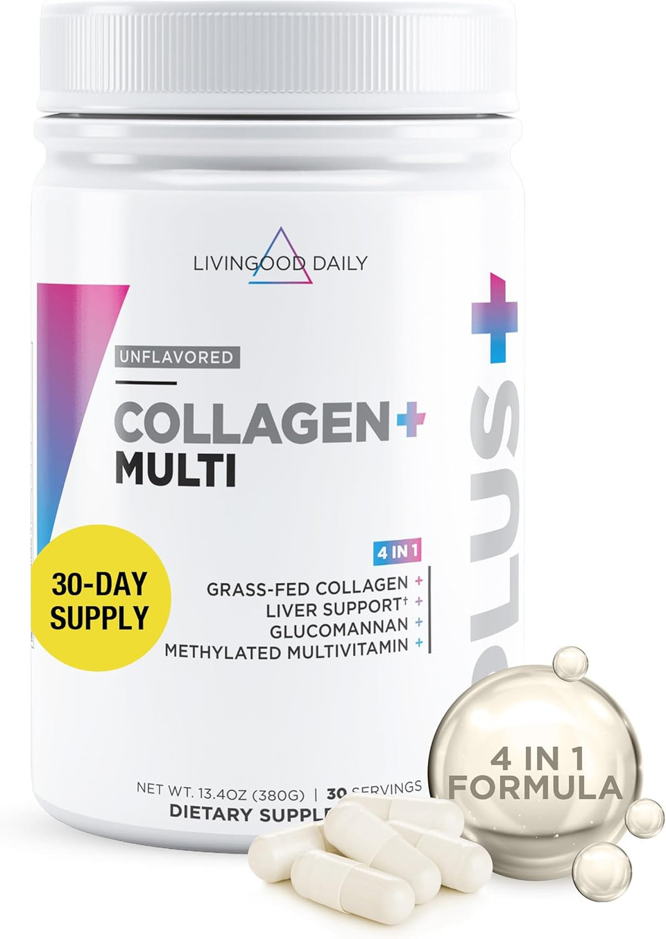 Livingood Daily Collagen Powder For Women & Men, Unflavored, Grass Fed Hydrolyzed Collagen Peptides, Protein & Multivitamins For Healthy Hair, Skin & Nails, Keto & Paleo, Gluten Free, 30 Servings