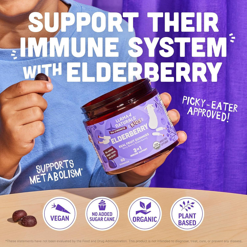Llama Naturals Elderberry Gummies For Kids, Vegan, Organic Immune Support Supplement With Vitamin C And Zinc, Toddler Real Fruit Gummy Vitamins For Immunity, Chewable, No Added Sugar Cane, 60 Ct