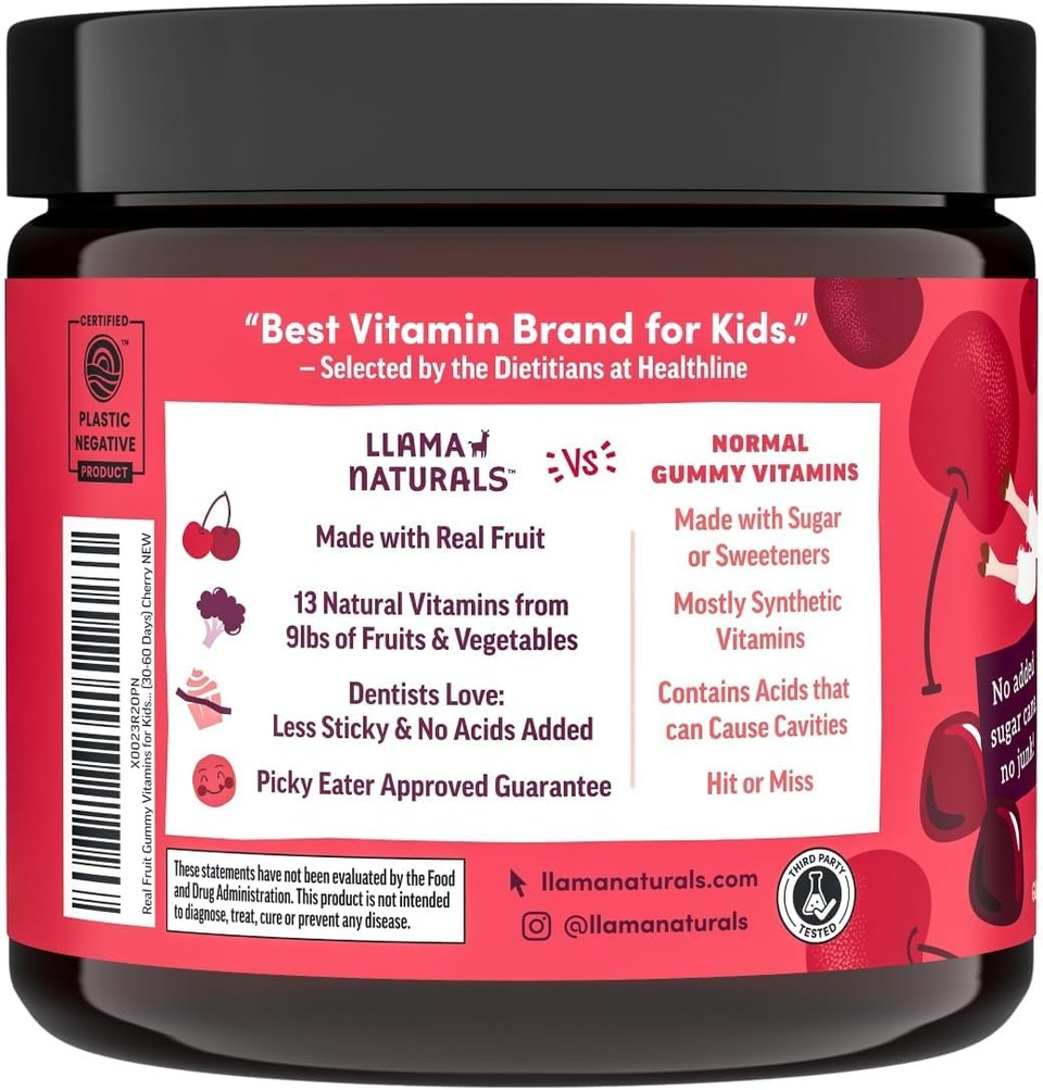Llama Naturals Kids Multivitamin Gummies, Vegan, Organic With Vitamin D, C & K, Toddler Real Fruit Gummy Vitamins, Chewable Supplement, Whole Food Multivitamin, No Added Sugar Cane, Cherry, 90 Ct