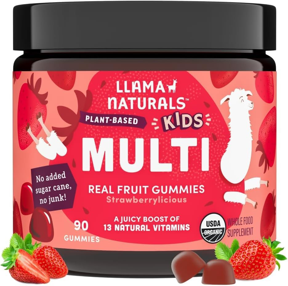 Llama Naturals Kids Multivitamin Gummies, Vegan, Organic With Vitamin D, C & K, Toddler Real Fruit Gummy Vitamins, Chewable Supplement, Whole Food Multivitamin, No Added Sugar Cane, Strawberry, 2 Pk