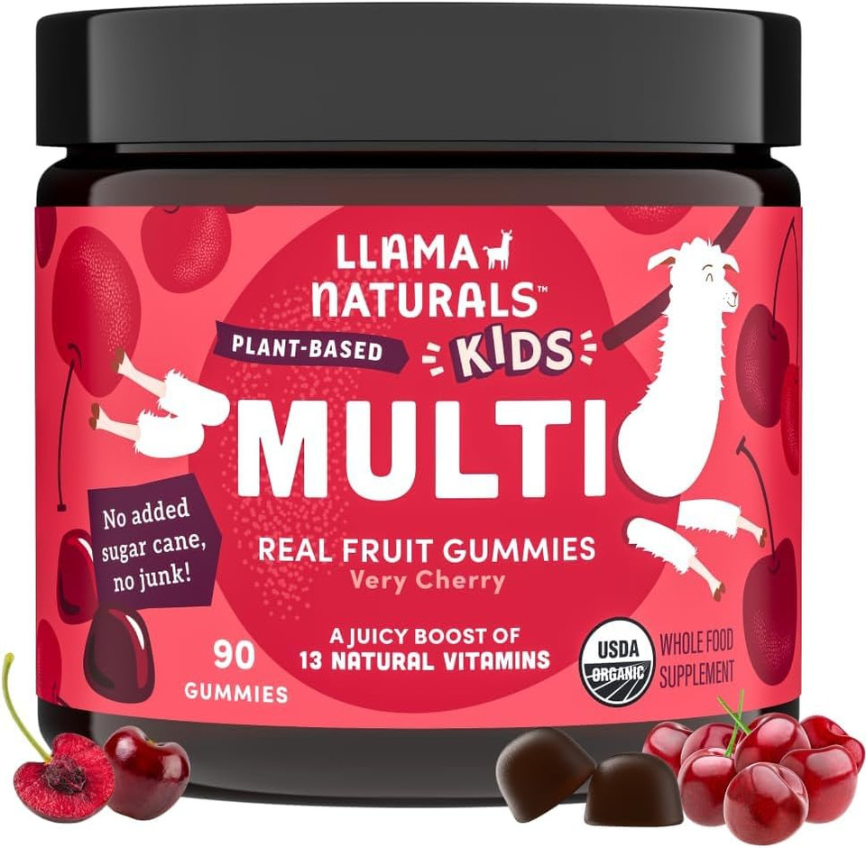 Llama Naturals Kids Multivitamin Gummies, Vegan, Organic With Vitamin D, C & K, Toddler Real Fruit Gummy Vitamins, Chewable Supplement, Whole Food Multivitamin, No Added Sugar Cane, Strawberry, 90 Ct