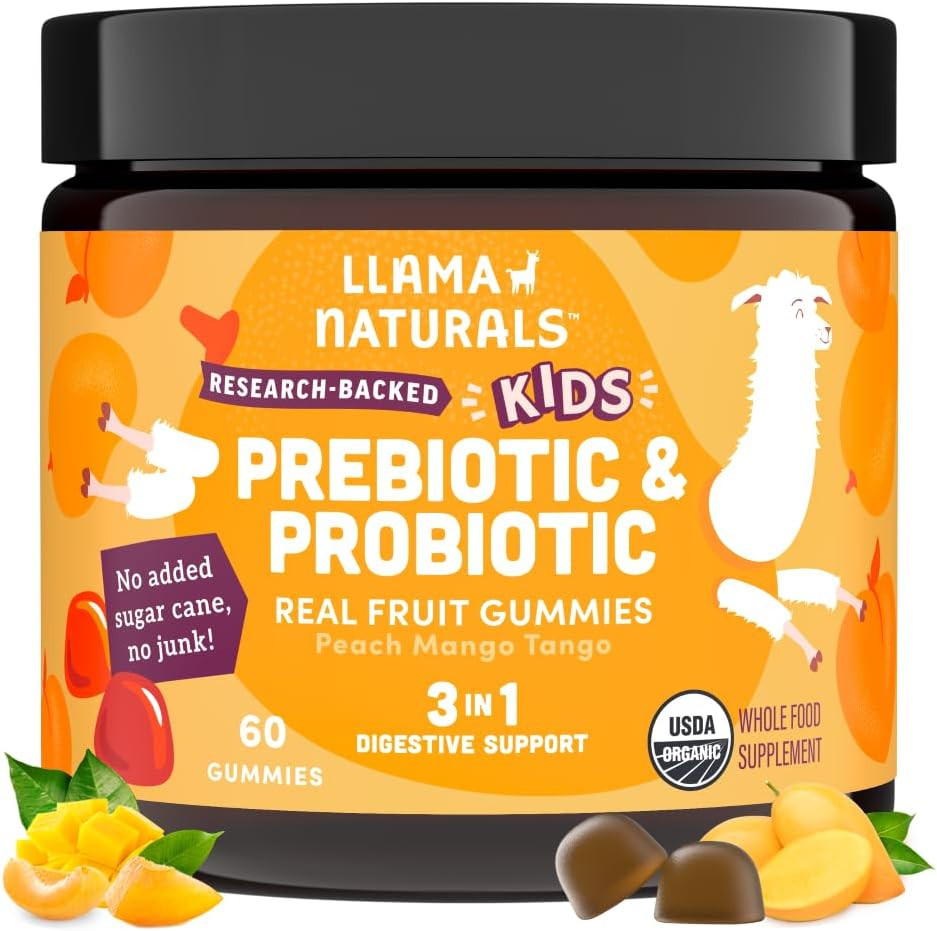 Llama Naturals Kids Probiotic With Prebiotic Fiber, Vegan, Organic Prebiotics And Probiotics Gummies For Gut Health Support, Toddler Real Fruit Gummy Vitamins, No Added Sugar Cane, Mixed Berry, 120 Ct