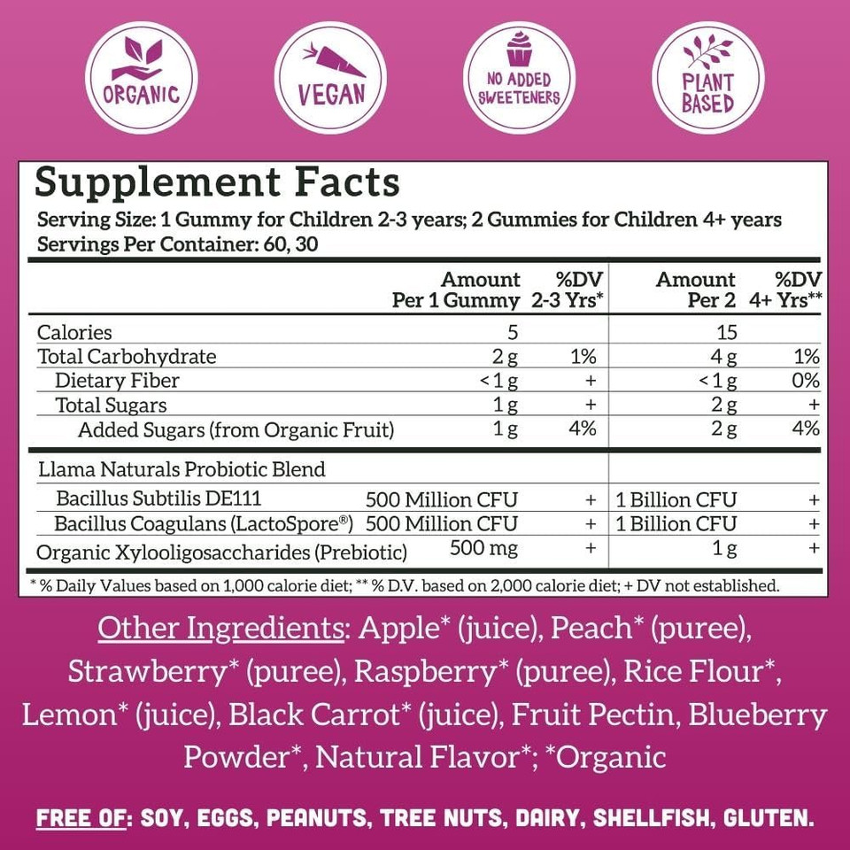 Llama Naturals Kids Probiotic With Prebiotic Fiber, Vegan, Organic Prebiotics And Probiotics Gummies For Gut Health Support, Toddler Real Fruit Gummy Vitamins, No Added Sugar Cane, Peach Mango, 120 Ct