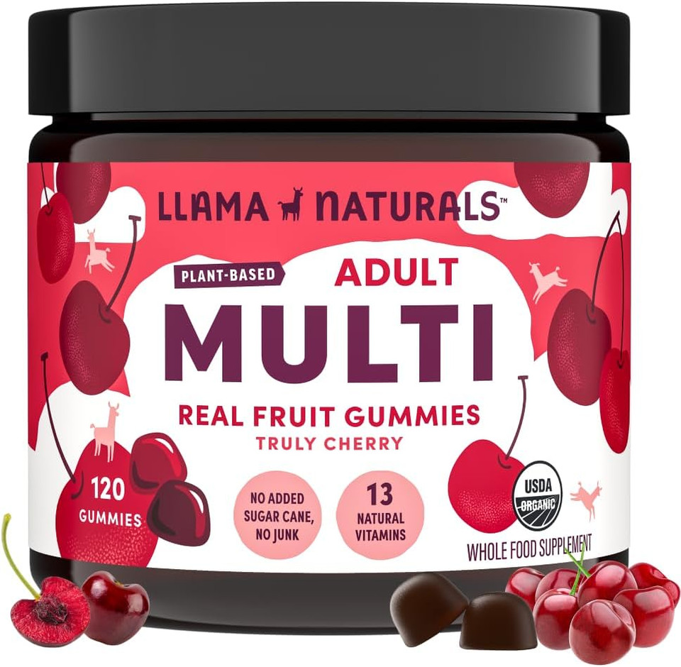 Llama Naturals Multivitamin For Women, Vegan, Organic Gummies With Vitamin D, C And K, Women'S Real Fruit Gummy Vitamins, Chewable Multivitamin Supplement, No Added Sugar Cane, Cherry, 120 Ct