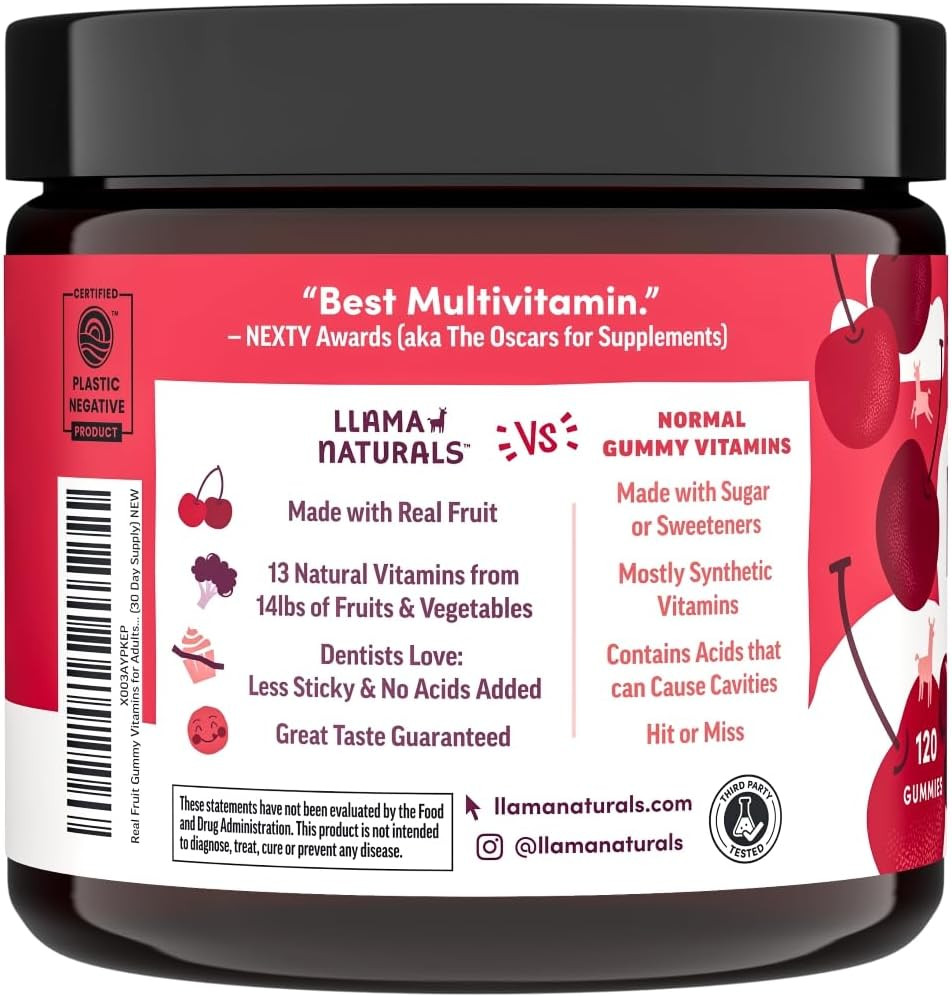 Llama Naturals Multivitamin For Women, Vegan, Organic Gummies With Vitamin D, C And K, Women'S Real Fruit Gummy Vitamins, Chewable Multivitamin Supplement, No Added Sugar Cane, Cherry, 120 Ct