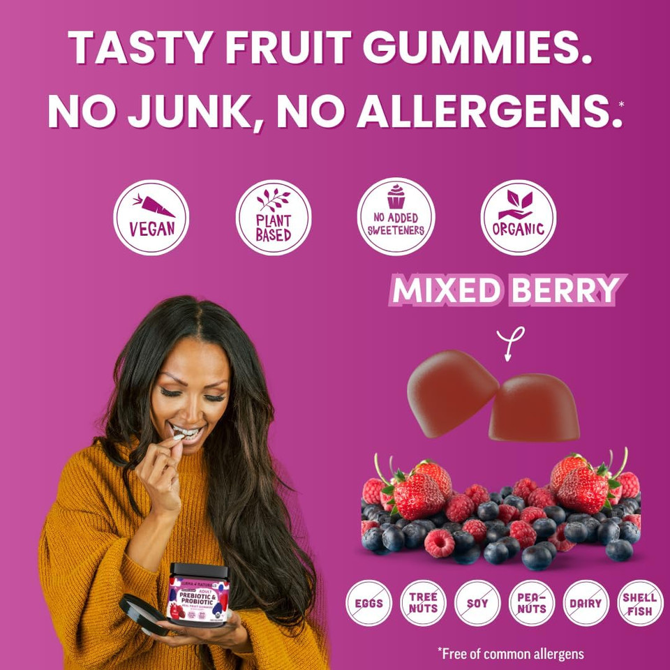 Llama Naturals Probiotics For Women And Men With Prebiotic Fiber, Vegan, Organic, Probiotic Gummies For Gut Health Support, Adults Real Fruit Gummy Vitamins, No Added Sugar Cane, Mixed Berry, 120 Ct