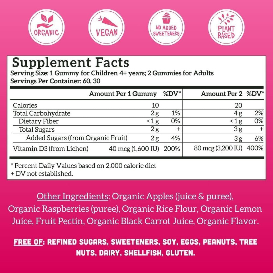 Llama Naturals Vitamin D3, Vegan, Organic Immune Support Supplement, Vitamin D Gummies For Adults And Kids, Real Fruit Gummy Vitamins, Promotes Bone Health, No Added Sugar Cane, Raspberry, 60 Ct