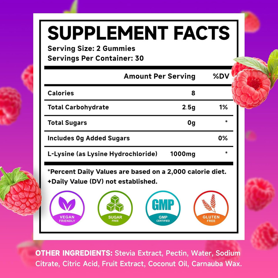 L-Lysine 1000Mg Gummies, Lysine Supplement For Adults & Kids, Essential Amino Acid Supplement For Lips & Oral Health, Boost Immune & Collagen & Calcium, Sugar-Free, Raspberry Flavor, 60 Count