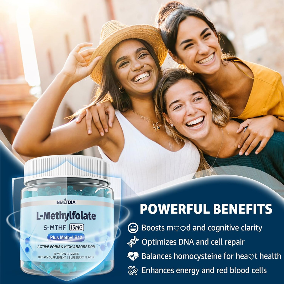 L-Methylfolate 15Mg & Methyl B12 Gummies, Methylated B1, B2, B6 Multivitamins - Active 5-Mthf & High Absorption - Supports Mthfr Gene, Cognition, Homocysteine Levels, Folate Metabolism, Vegan, 60 Cts