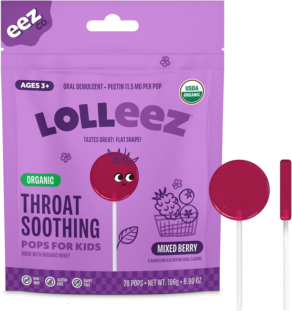 Lolleez Organic Lollipops For Kids Sore Throat Relief, Mixed Berry Perfect For Soothing A Sore Throat While Tasting Great, Mixed Berry Flavor, 28 Count