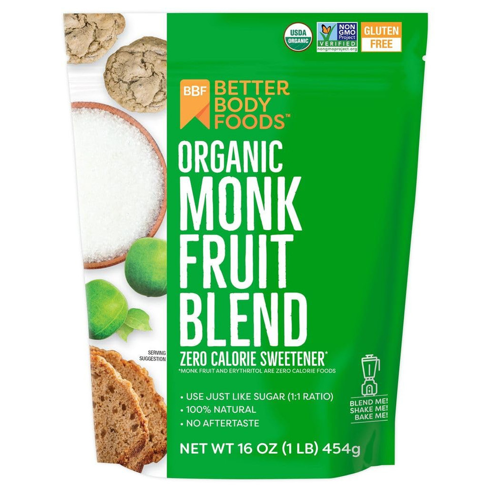 Betterbody Foods Organic Monk Fruit Sweetener Blend, Raw Cane Sugar Substitute, Zero Calorie, Keto Diet Friendly, Zero Net Carbs, Zero Glycemic, Baking, Extract, Sugar Replacement, 1Lb, 16Oz