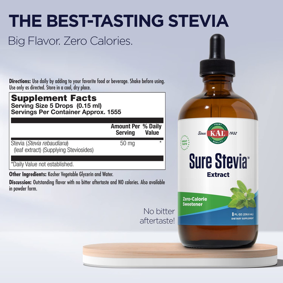 Kal Sure Stevia Extract Zero Calorie Sweetener, Low Carb, Plant Based Liquid Stevia Drops, Great Taste, Zero Sugar, Low Glycemic & Perfect For A Keto Diet, 60-Day Guarantee, Approx. 1555 Servings, 8Oz