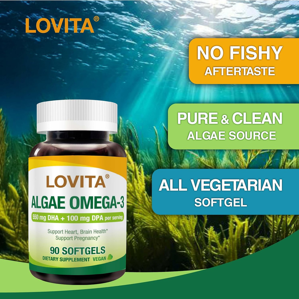 Lovita Algae Omega-3, Vegan And Plant-Based Dha & Dpa, Fish Oil Alternative, 1000Mg Algae Oil, Support Heart And Brain Health, Carrageen-Free, 90 Softgels