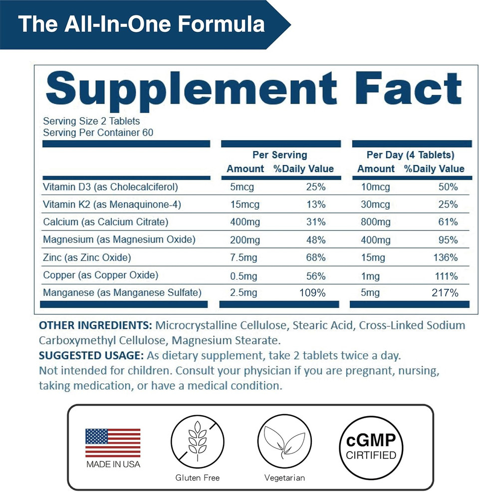 Lovita Calcium 800 Mg, Highly Absorbable Bone Support With Magnesium, Vitamin D3 & K2 | Plus Zinc, Copper & Manganese, 120 Vegan Tablets