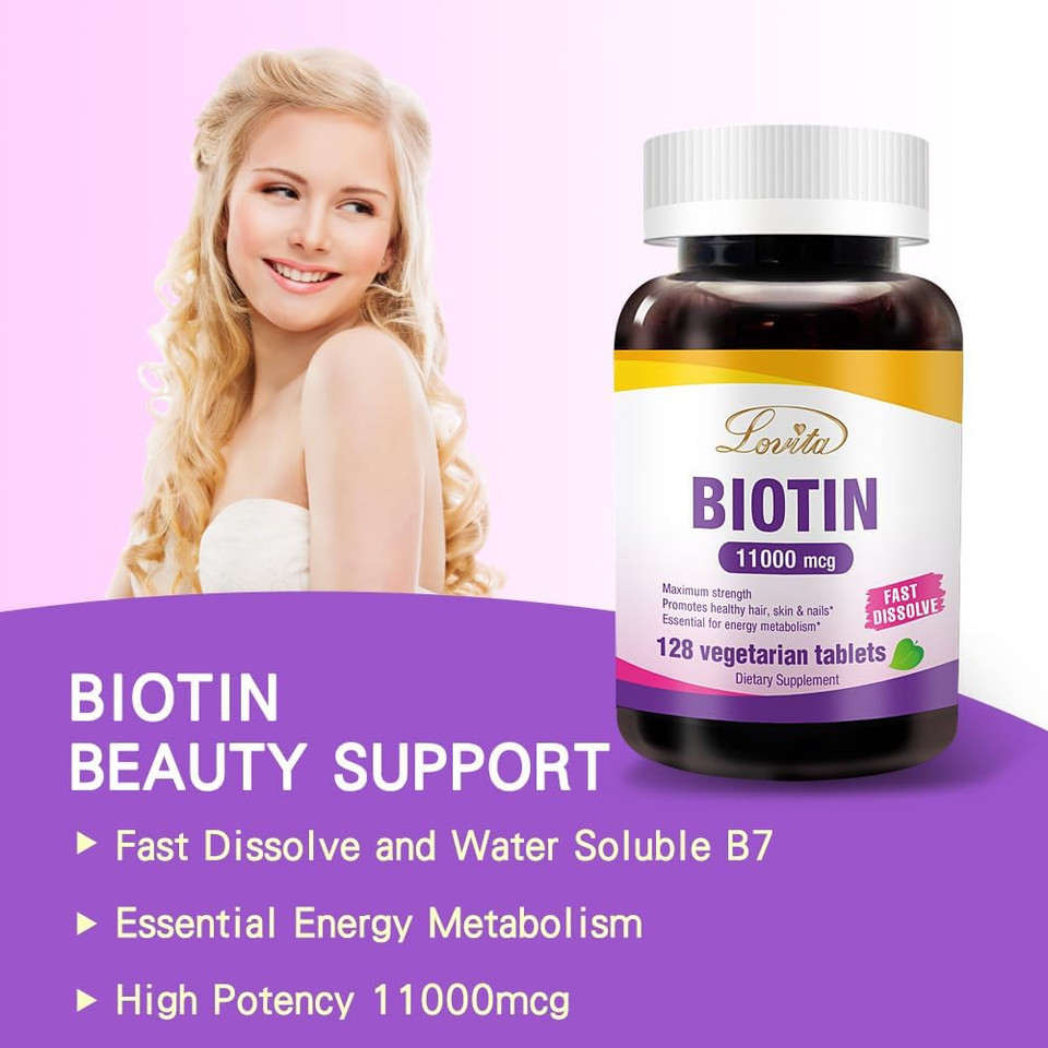 Lovita Maximum Strength 11,000Mcg Biotin: Fast-Dissolving, Vegetarian Tablets - Easily Absorbed, Gluten & Dairy-Free, 128 Vegan-Friendly Tablets