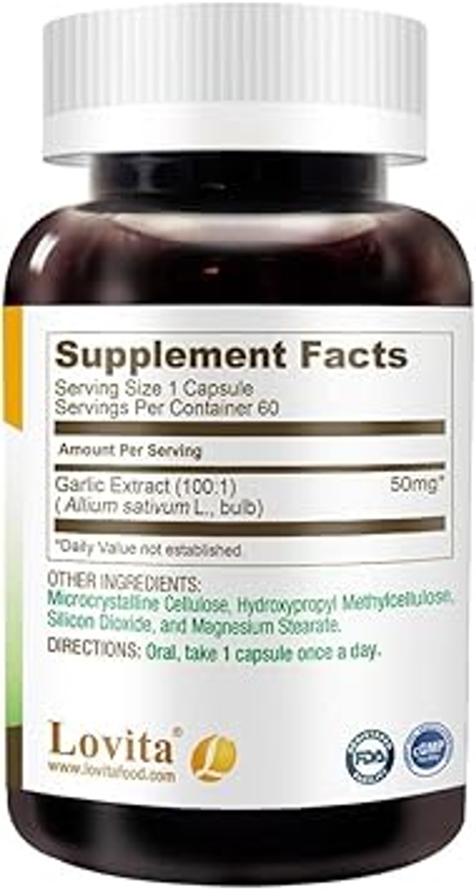 Lovita Odorless Garlic Extract, 50Mg 100:1 Concentrate (= 5,000 Mg Fresh Garlic), High Potency, 1.25% Allicin, Supports Immune & Cardiovascular Health, 60 Vegan Capsules