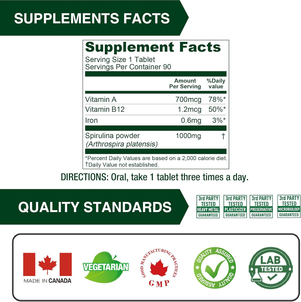 Lovita Organic Spirulina 1000Mg Per Tablet, Natural Multivitamin Superfood, 100% Vegan Spirulina Tablets, Non-Irradiated, 90 Vegetarian Tablets