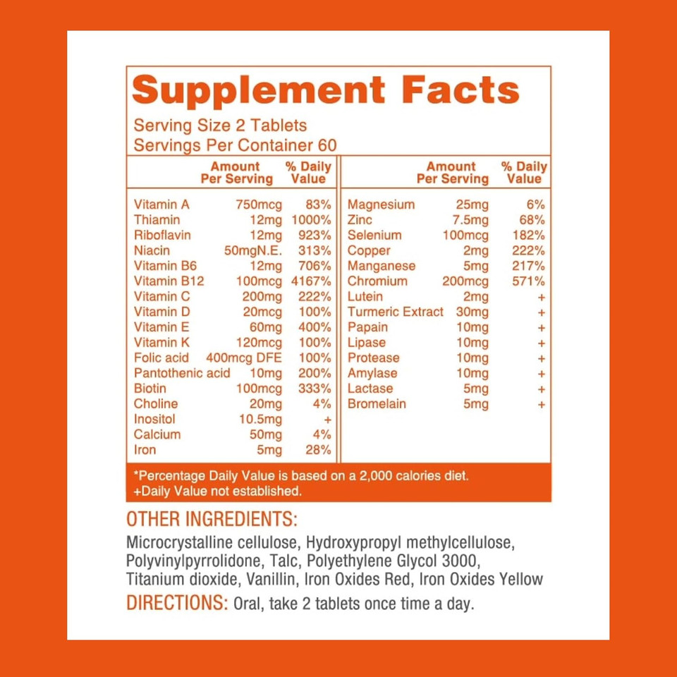 Lovita Premium Multivitamin For Adults 30+ With Enzymes, Turmeric & Comprehensive Nutrient Support - 120 Vegetarian Tablets