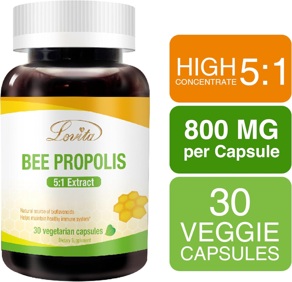 Lovita Propolis Capsule | High Potency | 5:1 Concentration | Natural Propolis Extract | 30 Vegetarian Capsules (1 Months Supply)