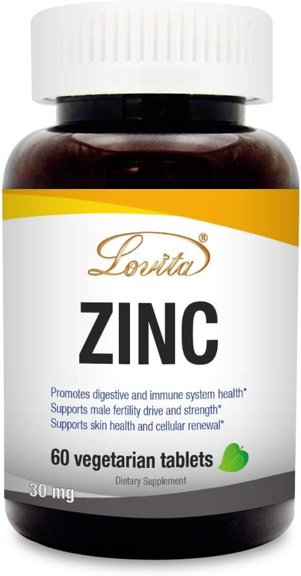 Lovita Zinc 30Mg | Well-Absorbed Chelated Zinc Supplements For Men & Women | Vegan, Non Gmo, For Immune Support & Healthy Skin | Gluten Free | 60 Tablets