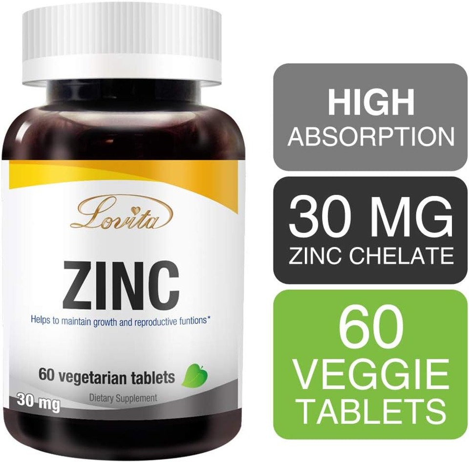 Lovita Zinc 30Mg | Well-Absorbed Chelated Zinc Supplements For Men & Women | Vegan, Non Gmo, For Immune Support & Healthy Skin | Gluten Free | 60 Tablets