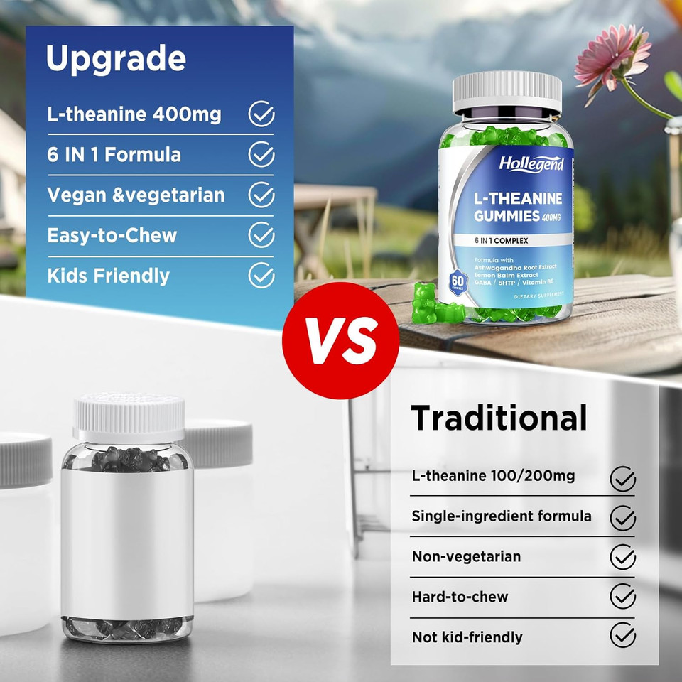 L-Theanine Gummies, L'Theanine 400Mg With Ashwagandha, Gaba, 5Htp,L-Theanine Chewable Supplement For Relax, Zzz & Focus Support, Vegan, Lemon Flavor, 120 Counts