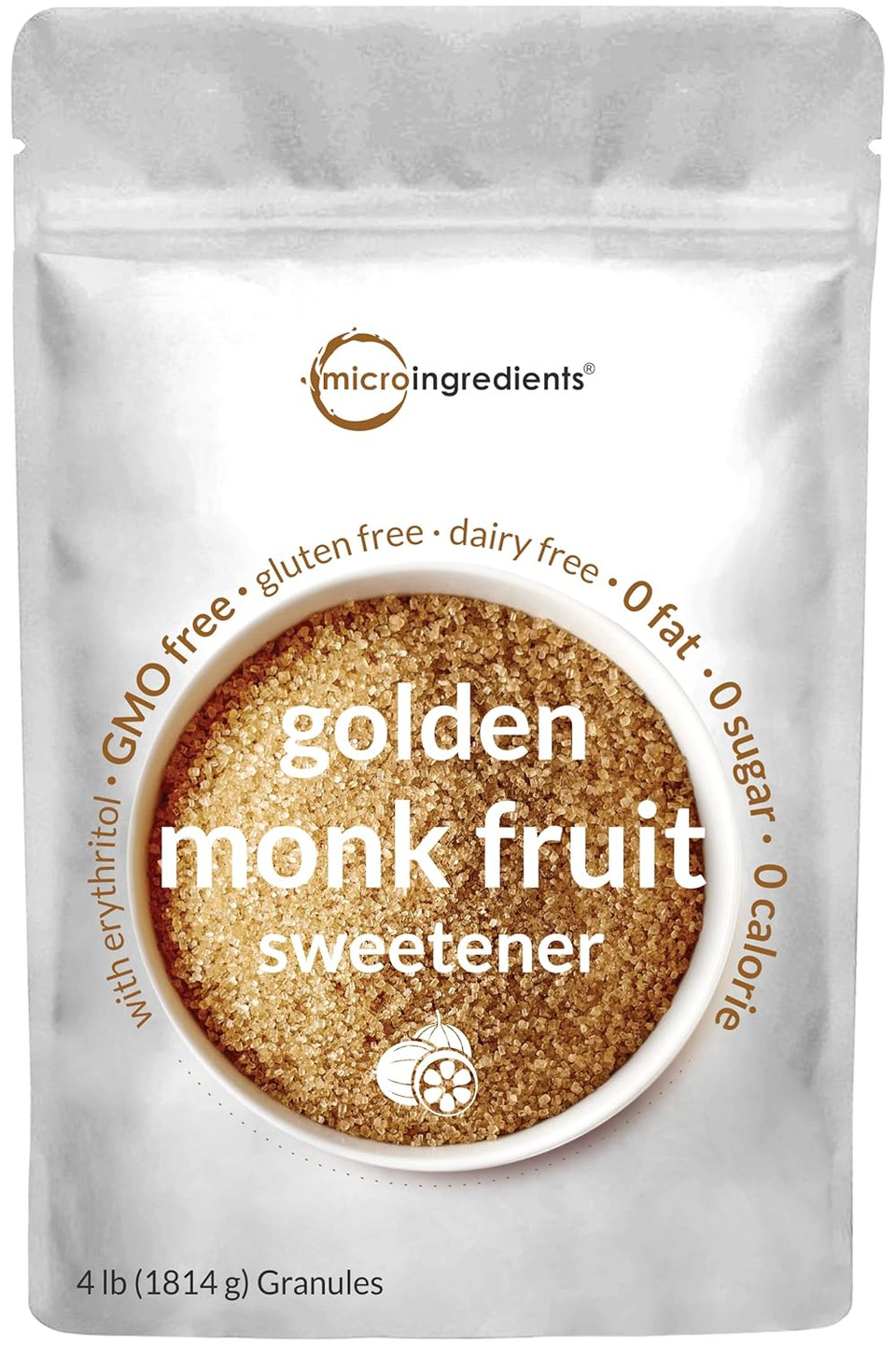 Monk Fruit Sweetener With Erythritol Granules, 4 Pounds, No After Taste, 1:1 White Sugar Substitute, Keto Diet Friendly, Zero Calorie, Natural Sweetener For Drinks, Coffee, Tea, Cookies, No-Gmo, Vegan