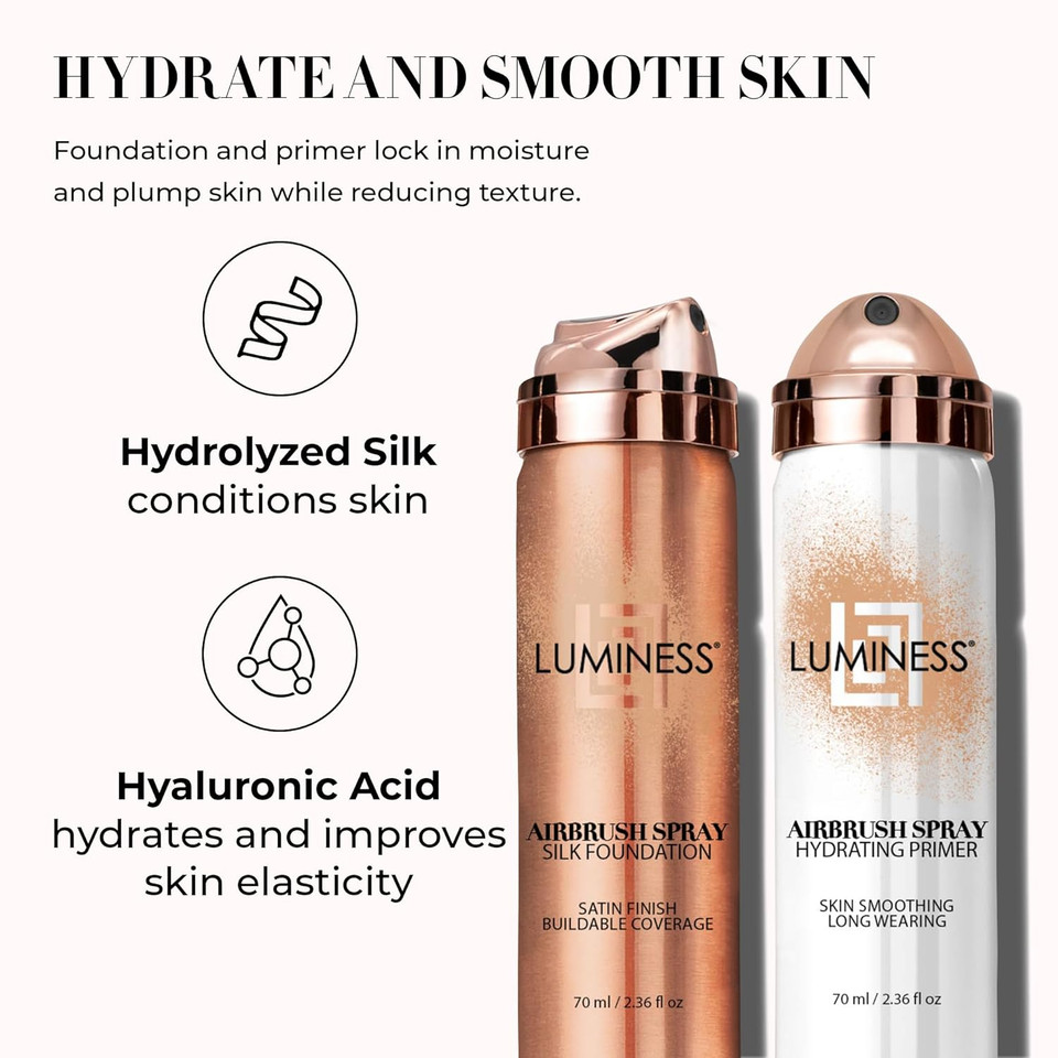Luminess Silk Airbrush Spray Foundation & Primer Kit - Full Coverage Foundation, Anti-Aging Formula Hydrates & Moisturizes With Hyaluronic Acid, Aloe Vera & Hydrolyzed Silk (Shade - Light Medium)