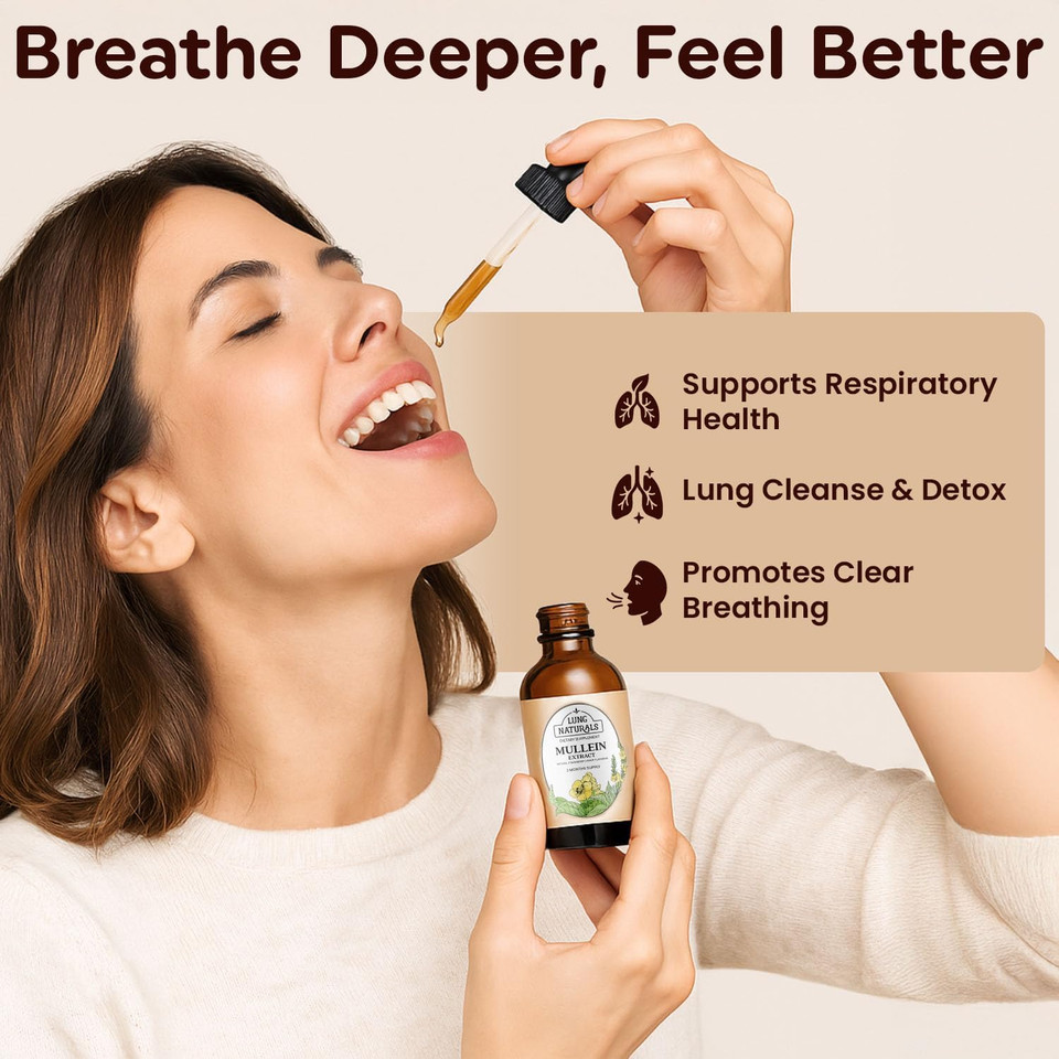 Lung Naturals Mullein Drops For Lungs, 10:1 Concentrated Mullein Leaf Extract For Respiratory Health, Natural Strawberry & Lemon Flavor, Alcohol-Free, 2-Month Supply, 60 Servings