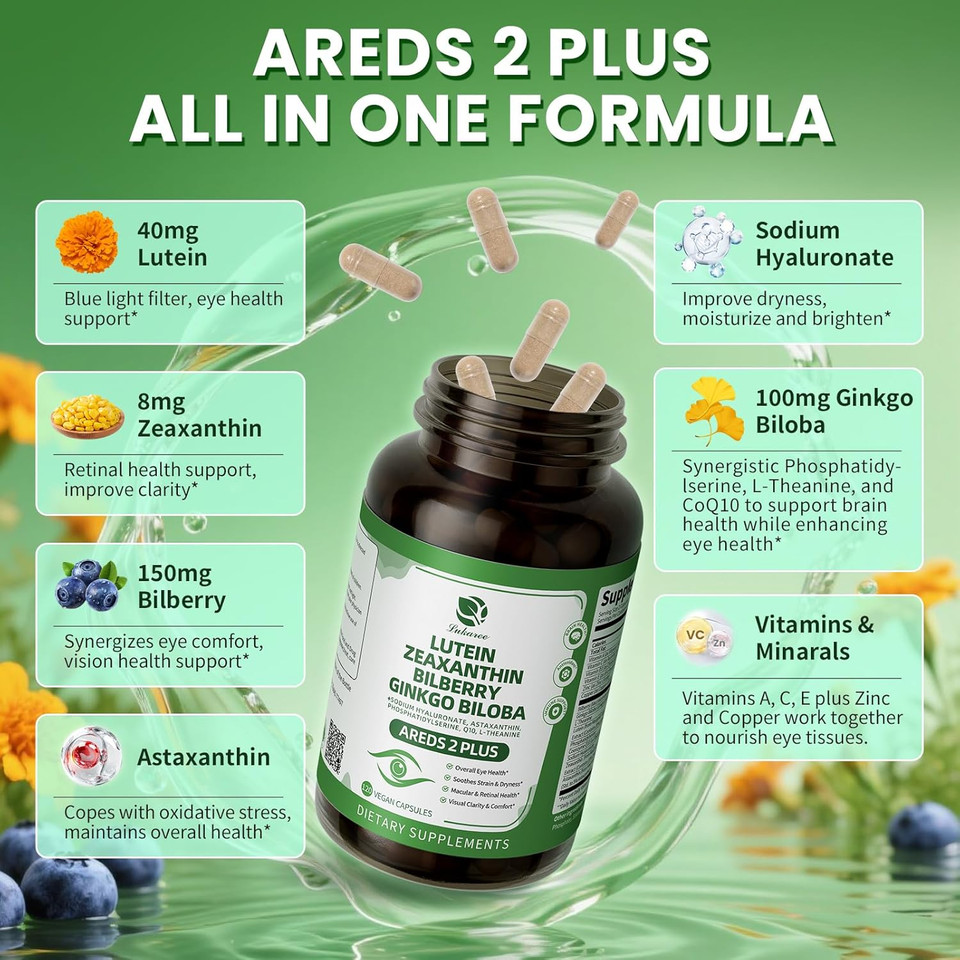 Lutein And Zeaxanthin Supplements - Advanced Areds 2 Eye Vitamins - Bilberry Supplement For Eyes, With Astaxanthin, Ginkgo Biloba, Sodium Hyaluronate - For Eye Health & Brain Support, 90 Capsules