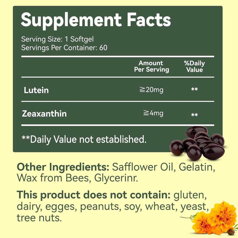 Lutein For Eyes, Lutein 20Mg, Lutein And Zeaxanthin Supplements, Eye Supplements, Eyestrain Relief & Support Vision Health, Vegan, 60 Softgels