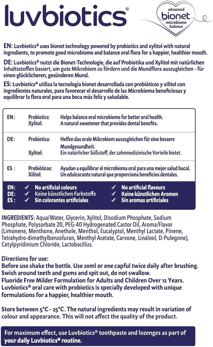Luv Biotics Fluoride Free Mouthwash With Oral Probiotics, Xylitol & Aloe Vera - 500Ml