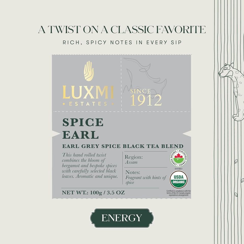 Luxmi Estates - Spice Earl - Spiced Earl Grey Tea - Loose Leaf - 100G (50 Cups) | Assam Black Tea With Natural Bergamot Extracts And Chai Spices | A Great Morning Cup As An Alternative To Coffee