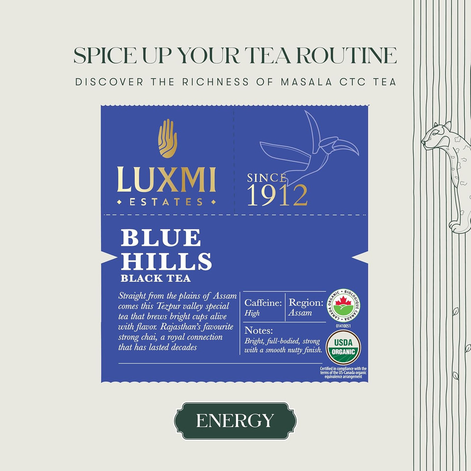 Luxmi Estates Blue Hills Organic Ctc Assam Black Tea (25 Tea Bags) Caffeinated Tea Bags For A Morning Boost And Natural Energy, With Certified Organic Jodhpur Black Tea Blend