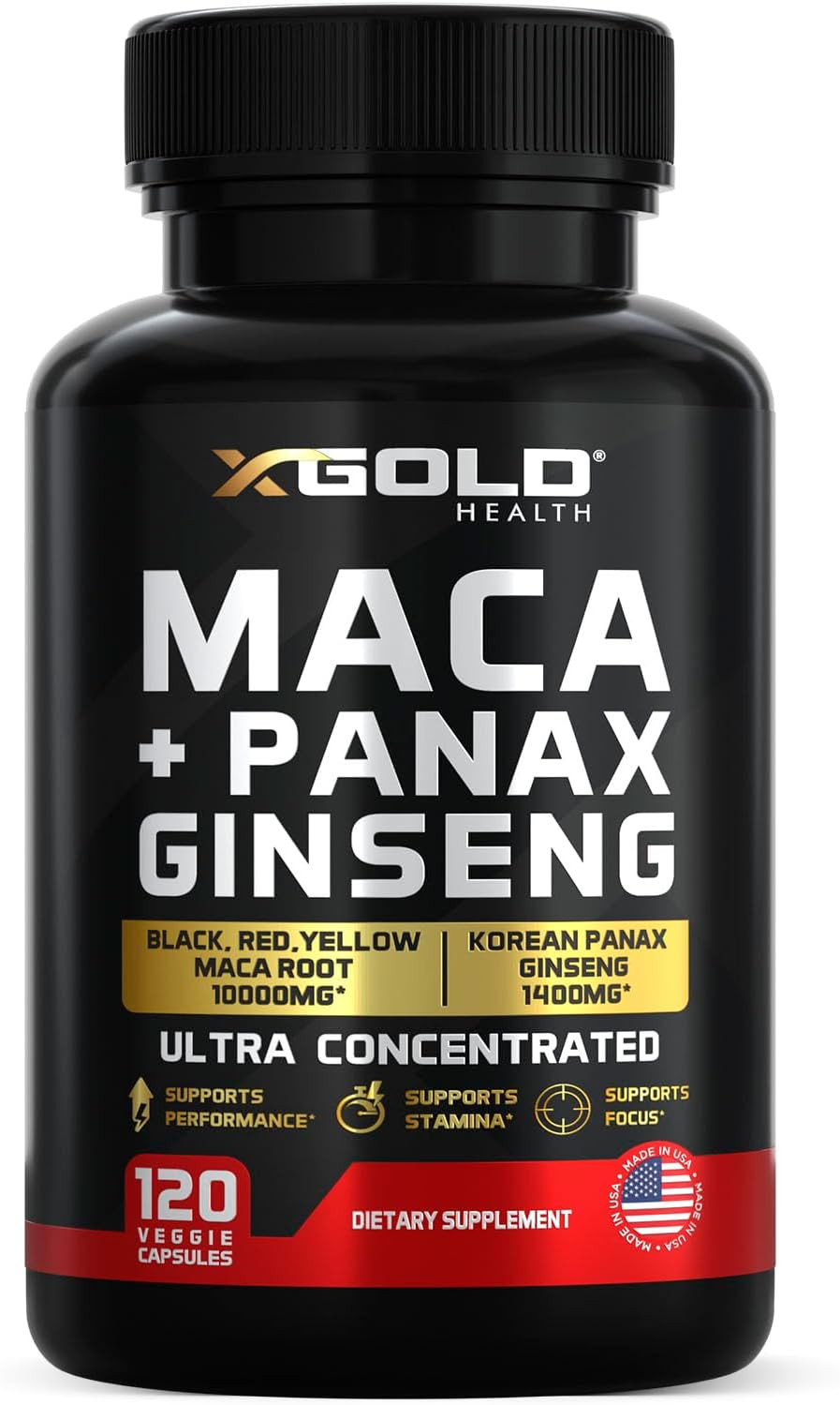 Maca Root Capsules 10,000Mg + Korean Panax Ginseng 1,400Mg - 20X Concentrated Extract Black + Red + Yellow Maca Root, 10X Concentrated Extract Panax Ginseng Capsules - Ultra Potent & Highly Purified