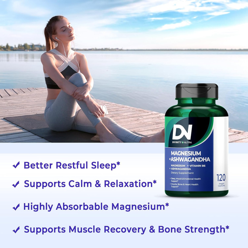 Magnesium Ashwagandha Supplement, Calming Magnesium Glycinate & Malate Vitamin B6 For Muscles Bone Health Support Muscle Recovery, Calm & Relaxation 468Mg 120 Ct (2 Month Supply)
