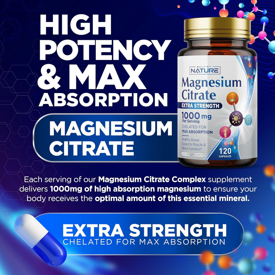Magnesium Citrate 1000Mg - Max Absorption & High Potency Magnesium Complex Supplement For Heart, Muscle, Nerve, Bone Health & Stress Relief - Non-Gmo, Gluten-Free - 120 Vegan Capsules